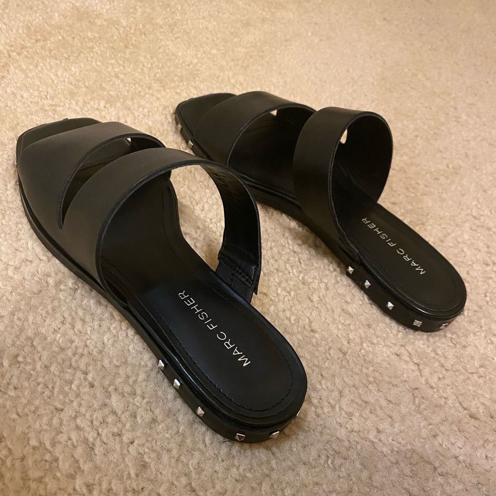 Marc Fisher Black Leather Slip On Sandals